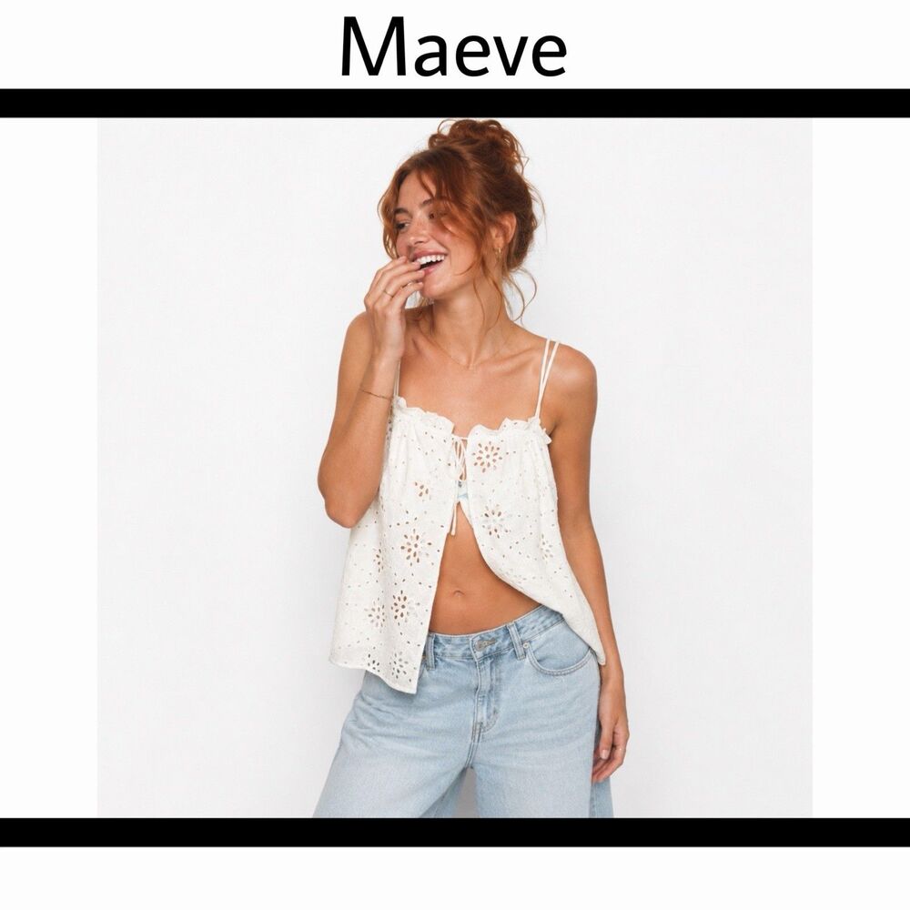 Maeve for Anthropologie Tie-Front Eyelet Lace Layer Top in White size OS